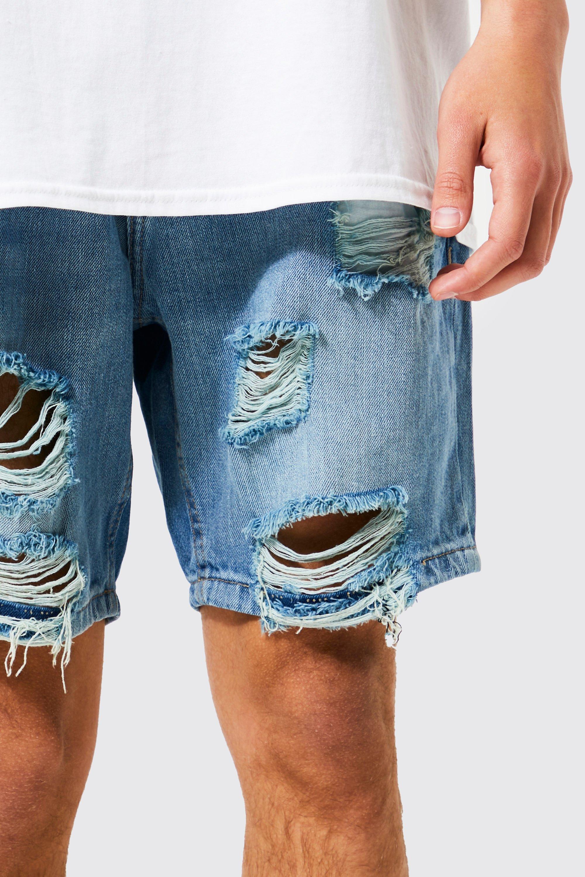 Slim Fit Multi Rip Denim Shorts